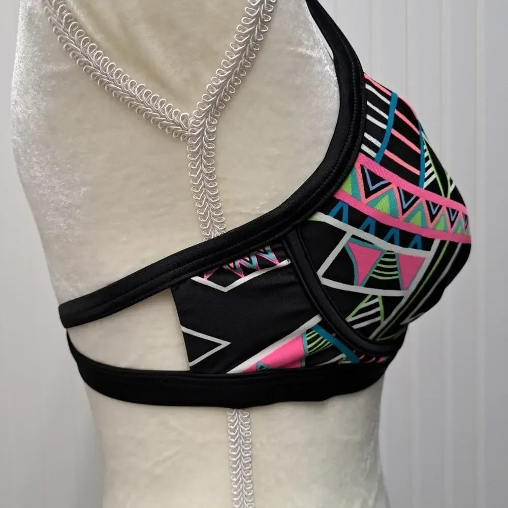 Coco Rave Bikini Swim Top Womens 34 B/C Cup Black Neon Geo Print Underwire Beach